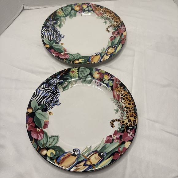 Vitromaster Other - Vintage VITROMASTER Sue Zipkin 1993 Rain Forest Jungle 4 Dinner Plates Zebra